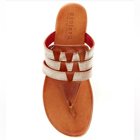 Bed Stu Yoli White/Tan Leather Triple Banded Slip On Thong Comfort Aztec Sandals - Picture 1 of 10